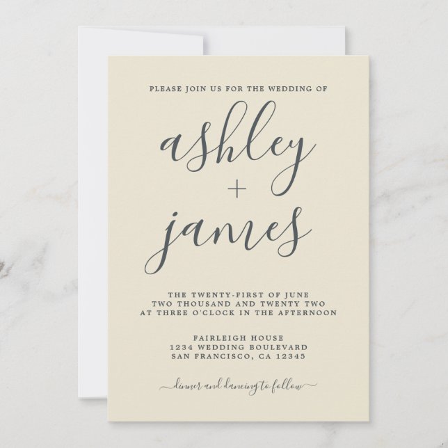 Invitation Simple Chic Calligraphie Antique Mariage blanc (Devant)