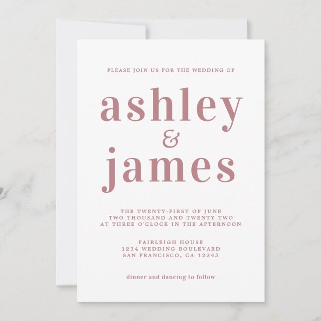 Invitation Simple chic Dusty Rose Mariage de typographie (Devant)