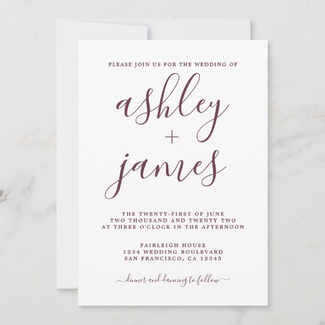 Invitation Simple Chic Mariage de calligraphie de Bourgogne (Devant)