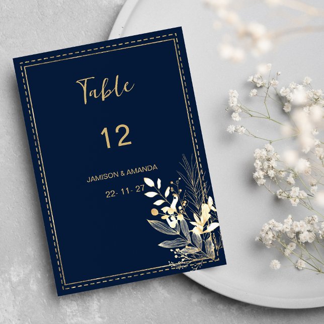 Invitation Simple chic marine bleu or floral chiffres de tabl (Simple chic navy blue gold floral Table Numbers )