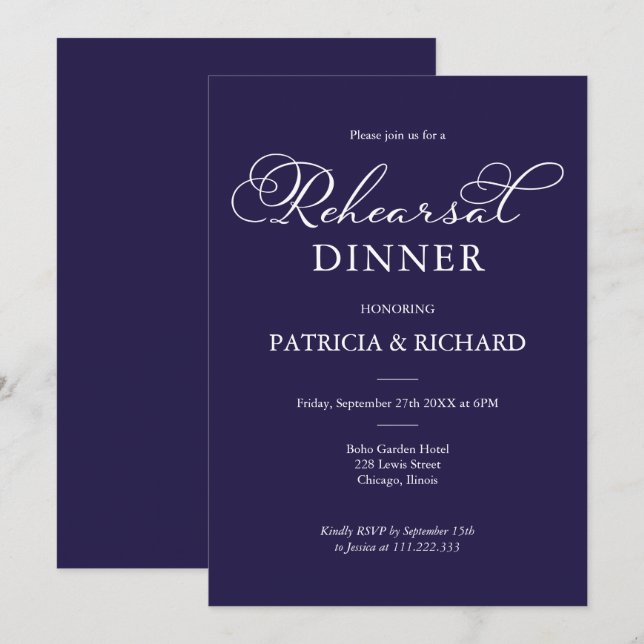Invitation Simple Chic Navy Bleu Dîner de répétition (Devant / Derrière)