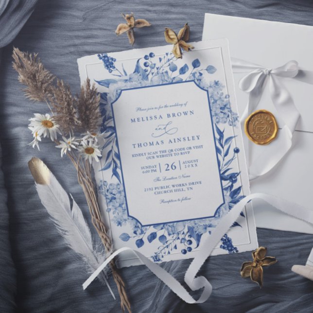 Invitation Simple Classic Love Script Rose QR Code Wedding (Créateur téléchargé)
