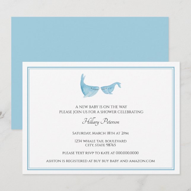 Invitation Simple classique Aquarelle Baleine baby shower ble (Devant / Derrière)
