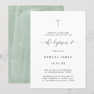Invitation Simple Classique Minimaliste Baptême Vert Aquarell