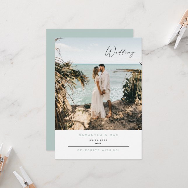 Invitation Simple Couple Photo Seafoam Mariage contemporain (Devant/Arrière en situation)