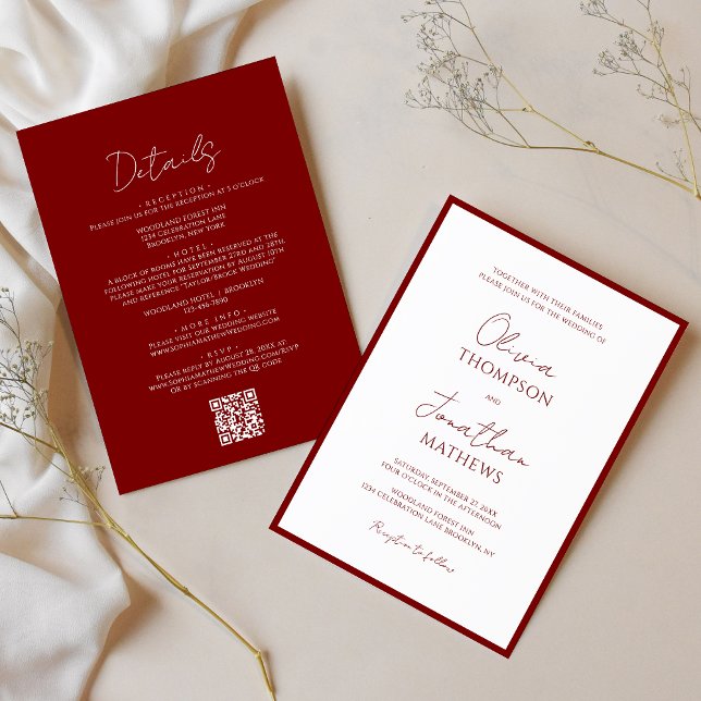 Invitation Simple Crimson Red Border Script QR Code Mariage (Créateur téléchargé)