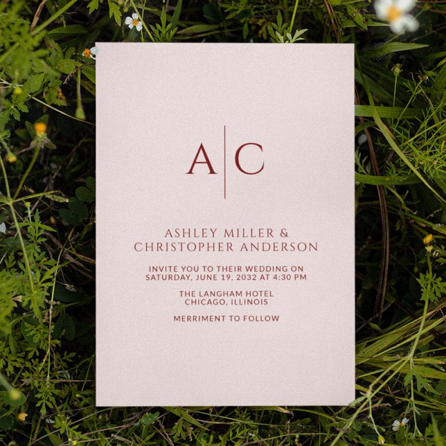 Invitation Simple Crimson rouge et Rose Mariage Monogram (Créateur téléchargé)