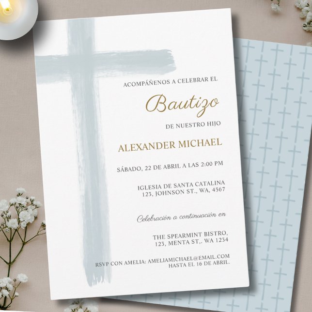 Invitation Simple Cross Boy Baptism Bautizo Dusty Blue (Créateur téléchargé)
