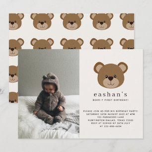 Invitation Simple Cute Bearly One Photo 1er anniversaire