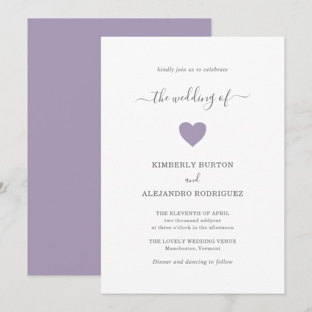 Invitation Simple Cute Dusty Purple Heart Mariage Moderne (Devant / Derrière)