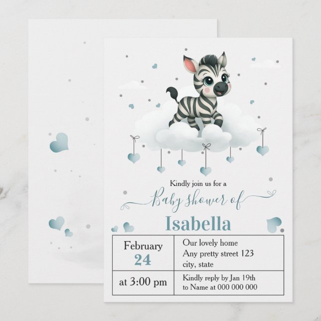 Invitation Simple cute little zebra baby shower (Devant / Derrière)