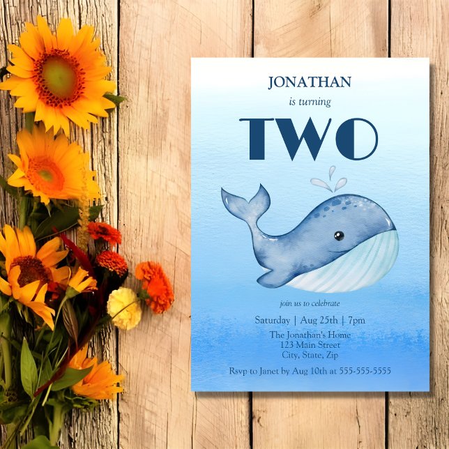 Invitation Simple Cute Whale Blue Sea 2ème anniversaire (Créateur téléchargé)