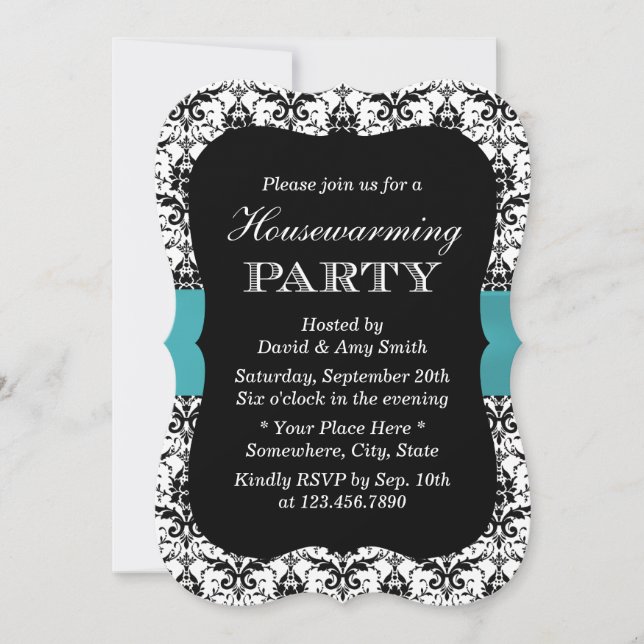 Invitation Simple Damas et Turquoise Ribbon House Party (Devant)