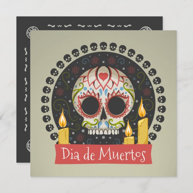 Invitation simple Dia de Muertos crâne et bougies (Devant / Derrière)