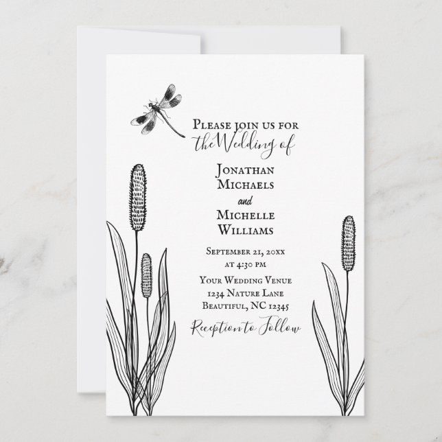 Invitation Simple Dragonfly et Cattails Black White Mariage (Devant)