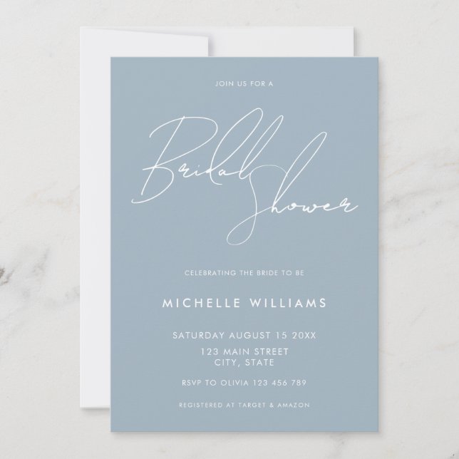 Invitation Simple Dusty Blue Elegant Script Fête des mariées (Devant)