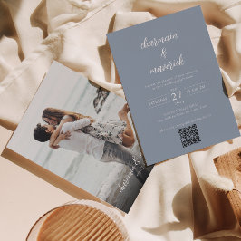 Invitation Simple Dusty Blue Script Photo QR Code Mariage