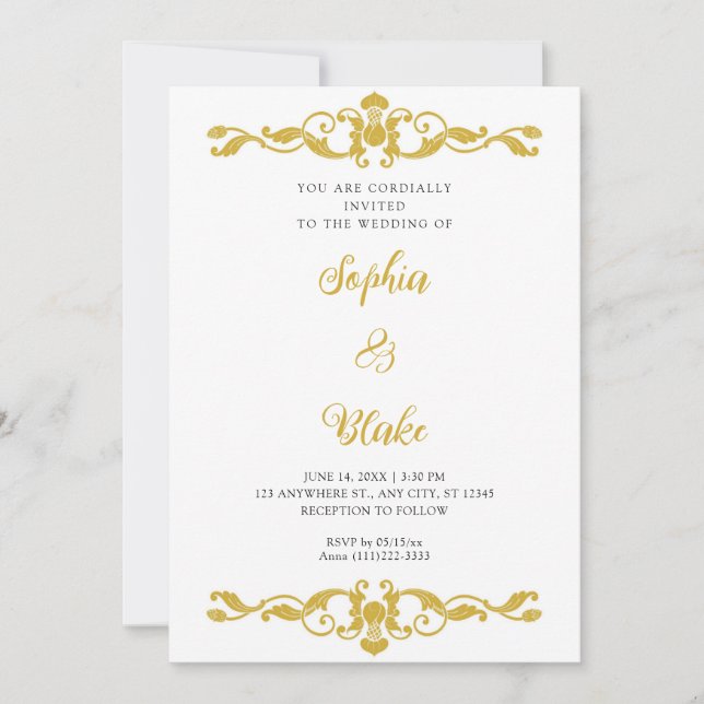 Invitation Simple Elegance Gold et White Art Déco Mariage (Devant)