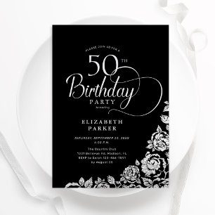 Invitation Simple élégant 50e anniversaire Noir Roses d'argen