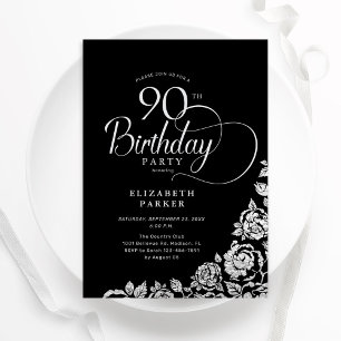 Invitation Simple Elégant 90e anniversaire Black Silver Roses
