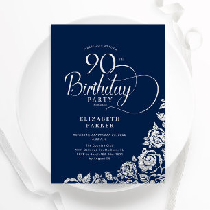 Invitation Simple Elégant 90e anniversaire Marine Roses d'arg