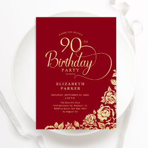 Invitation Simple élégant 90e anniversaire Roses d'or rouge
