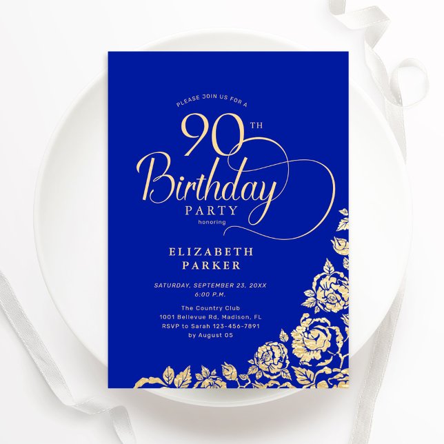 Invitation Simple élégant 90e anniversaire Royal Blue Gold Ro (Créateur téléchargé)