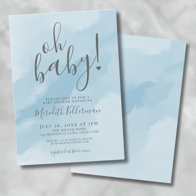 Invitation Simple Elegant Aquarelle Bleu Oh Baby shower (Simple Elegant Watercolor Blue Baby Shower Invitation)