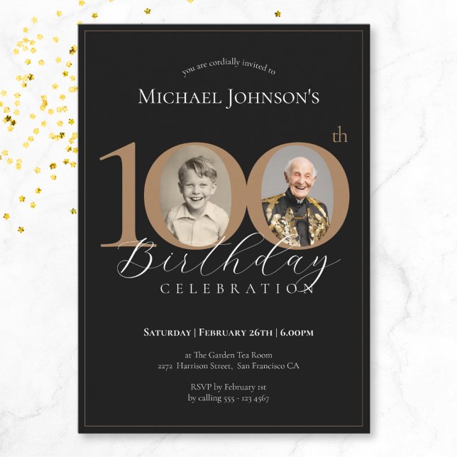 Invitation Simple Elegant Black Gold Photo 100e anniversaire (Mockup View)