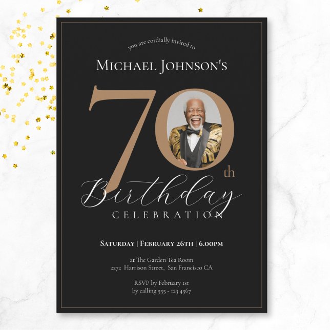 Invitation Simple Elegant Black Gold Photo 70e anniversaire (Mockup View)