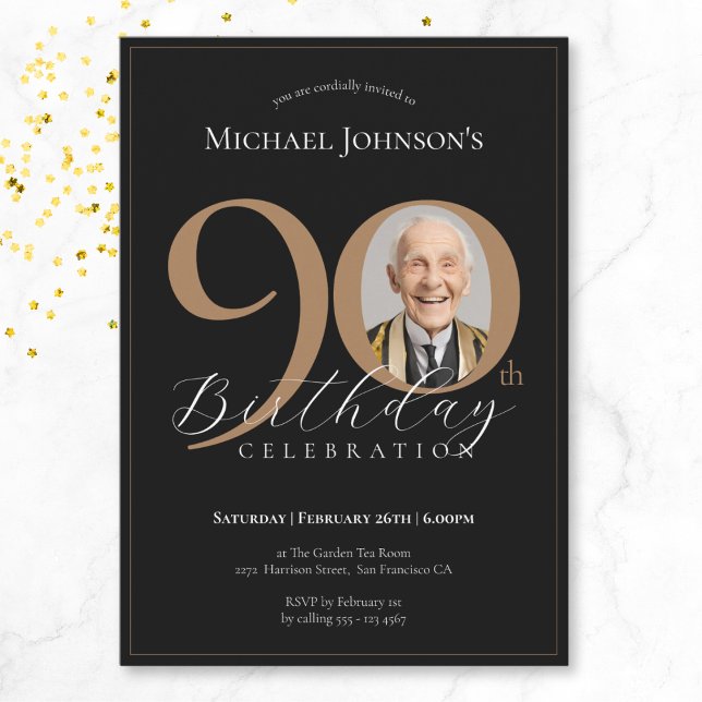 Invitation Simple Elegant Black Gold Photo 90e anniversaire (Mockup View)