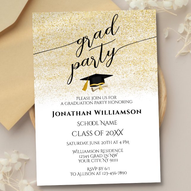 Invitation Simple Elegant Black Gold Script Graduation Party (Créateur téléchargé)