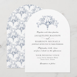 Invitation Simple Élégant Bleu Nuit Blanc Toile de Jouy Colom