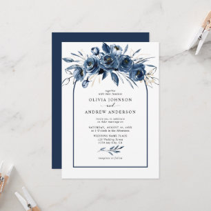Invitation Simple Élégant Bleu Nuit Bohème Floral Arche Maria