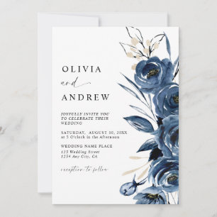 Invitation Simple Élégant Bleu Nuit Bohème Floral Mariage