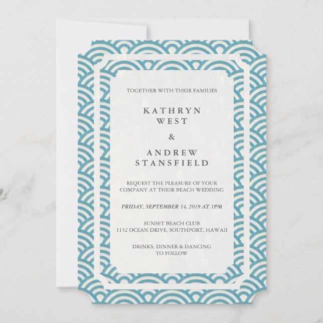 Invitation Simple Elégant Bleu/Vert + Blanc Plage Mariage (Devant)