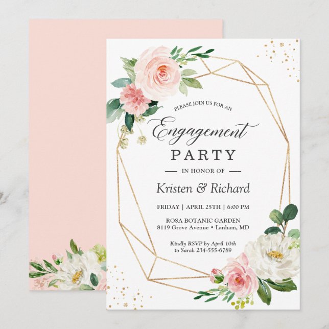 Invitation Simple Elegant Blush Rose Floral Party (Devant / Derrière)