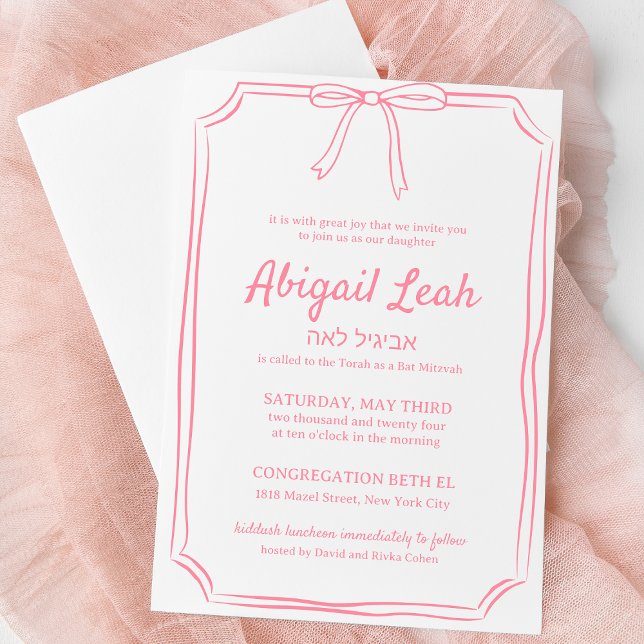 Invitation Simple Elegant Bow Design Bat mitzvah rose fille (Créateur téléchargé)