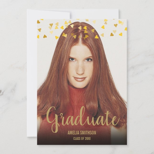 Invitation Simple Elegant Chic Gold Hearts Photo Graduation (Devant)