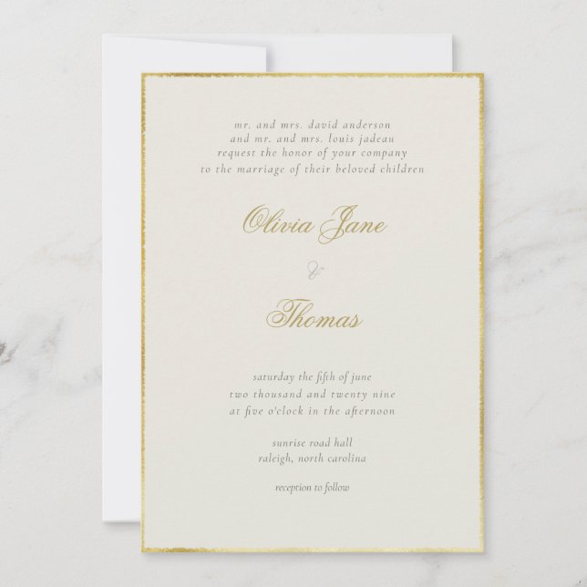 Invitation Simple Elegant Classy Gold Frame Ecru Mariage (Devant)