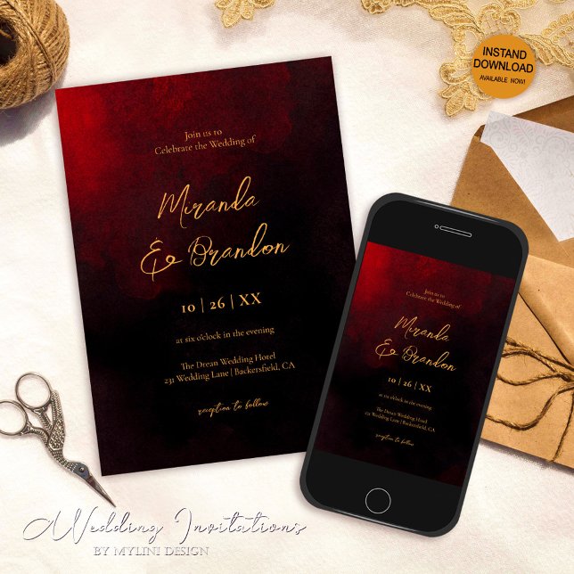 Invitation Simple Elegant Faux Gold Script Mariage rouge noir (Créateur téléchargé)