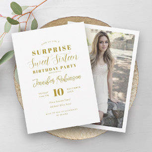 Invitation Simple Elegant Gold Photo SURPRISE Sweet 16