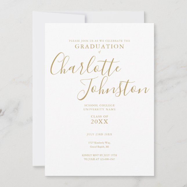 Invitation Simple Elegant Gold Script Photo Graduation Party (Devant)