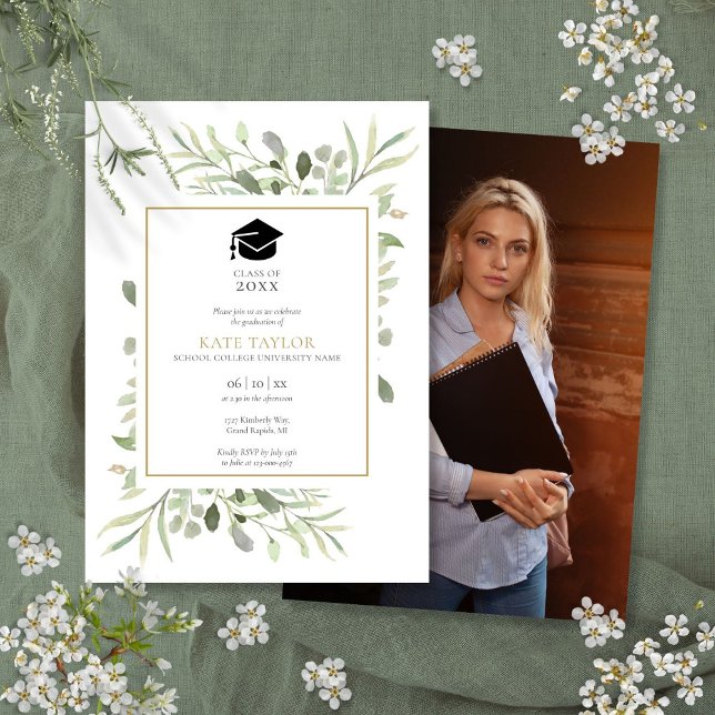 Invitation Simple Elegant Green Photo Party Graduation (Simple Elegant Greenery Photo Graduation Party Invitation)