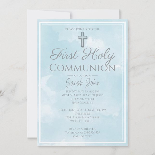 Invitation Simple Elegant Marbre Bleu Première Communion Sain (Devant)