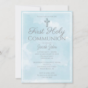 Invitation Simple Elegant Marbre Bleu Première Communion Sain