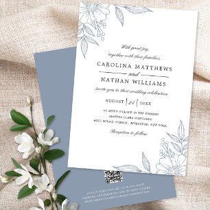 Invitation Simple Elegant Mariage Floral Corners Code QR bleu