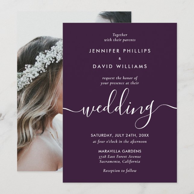 Invitation Simple Elegant Mariage photo moderne violet (Devant / Derrière)