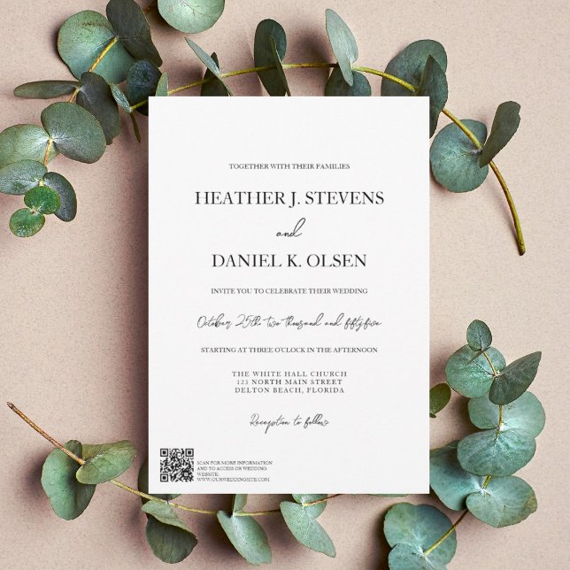 Invitation Simple Élégant Mariage QR Typographie Noir Blanc (Créateur téléchargé)