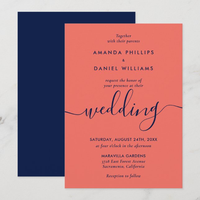 Invitation Simple Elegant Marine Bleu et Corail Mariage moder (Devant / Derrière)